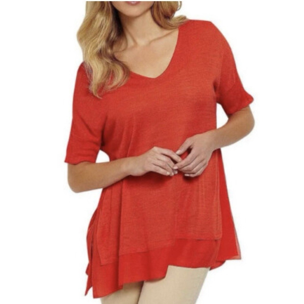 EILEEN FISHER Women Sweater Top Small Firefly Red Silk‎ Tussah Minimalist Luxury